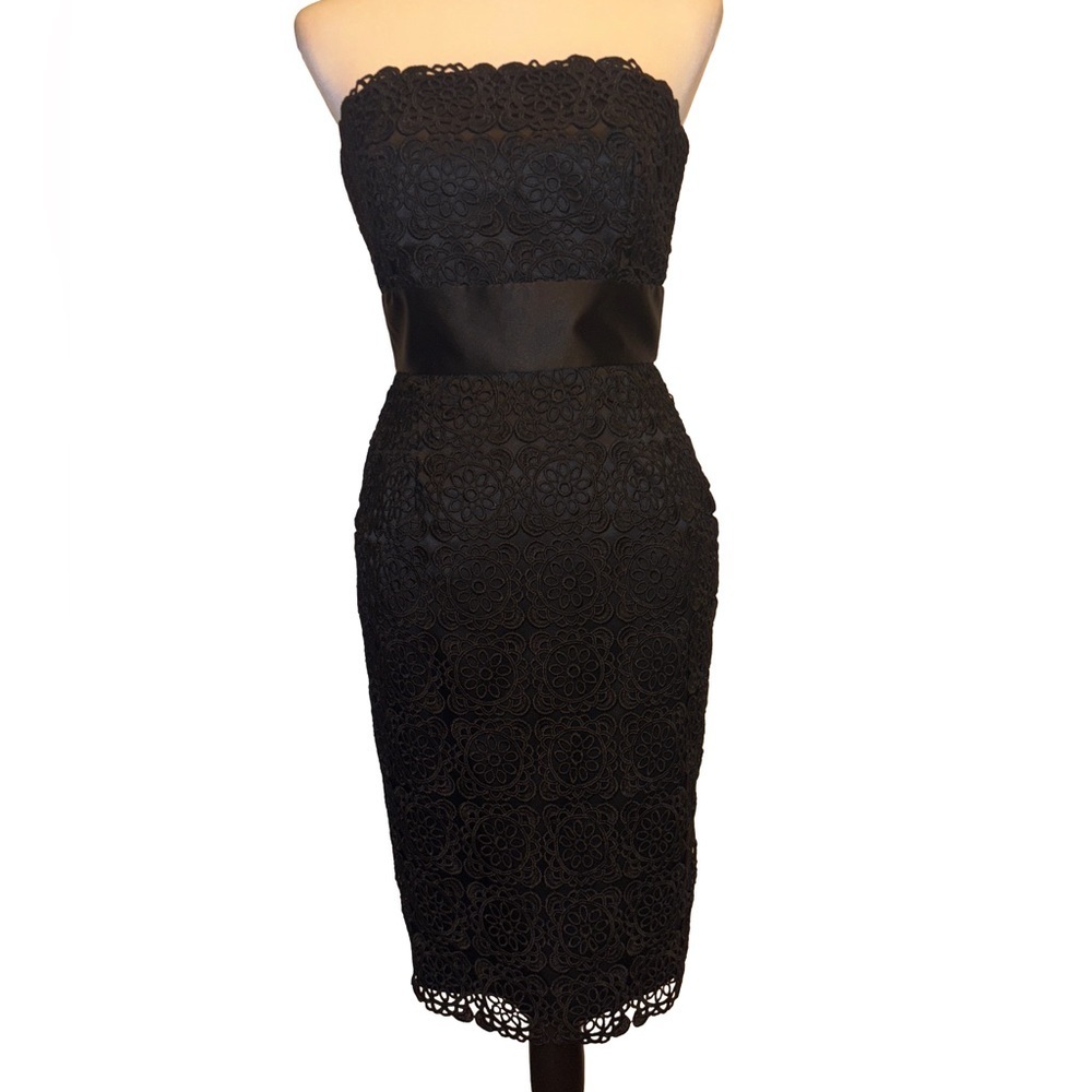 White House Black Market Black Lace Midi Dress with Satin Waistband. Size 0